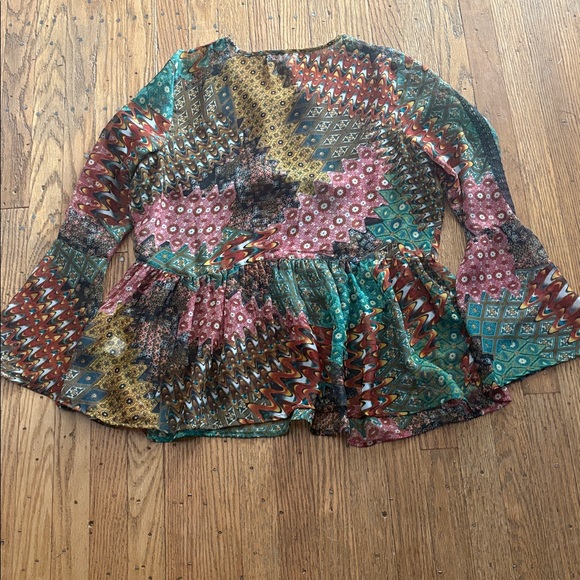 Antilia Femme Semi Sheer Peasant Boho Long Bell Sleeve Top Rust Teal M - Picture 3 of 8